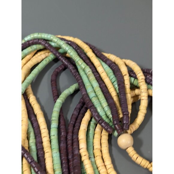Tribal Yellow Green Brown Stacked Wood Bead Mulit Strand Long Necklace 28" - Picture 5 of 8
